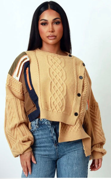 PATCHWORK CROPPED CABLE KNIT SWEATER-KHAKI